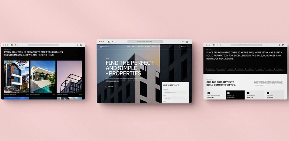 A three screen frame of Home2Stay website