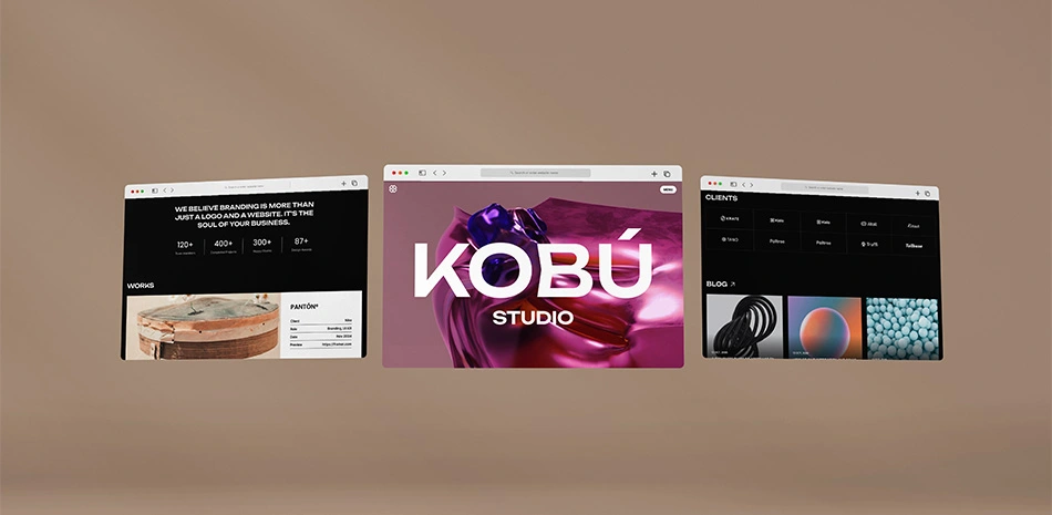 A three screen frame of Kobu Studio website