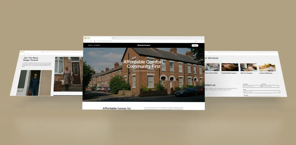 A three screen frame of Optimal Housing Ltd website