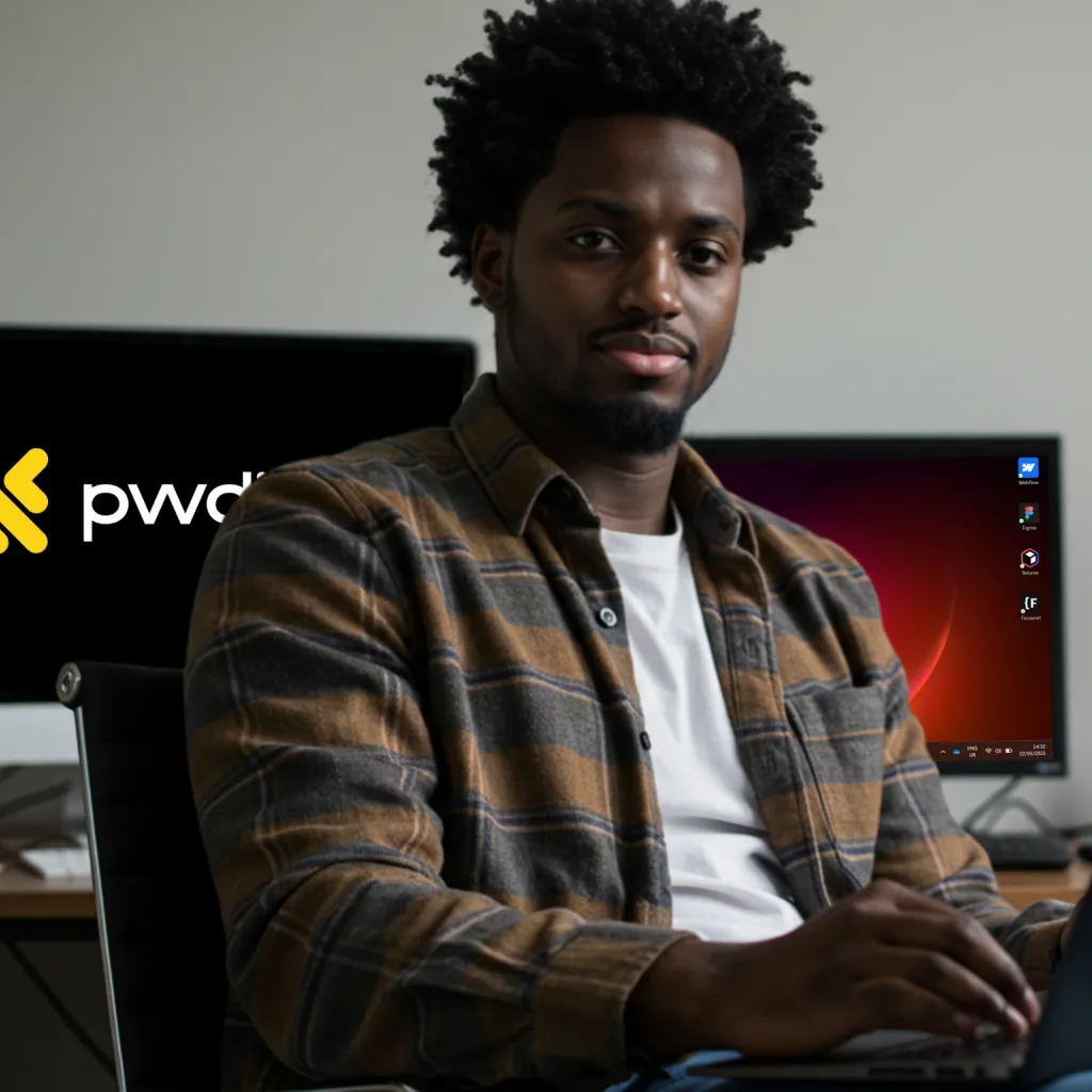 Front shot of Pena sitting in front of a monitor with pwdigital as the desktop background