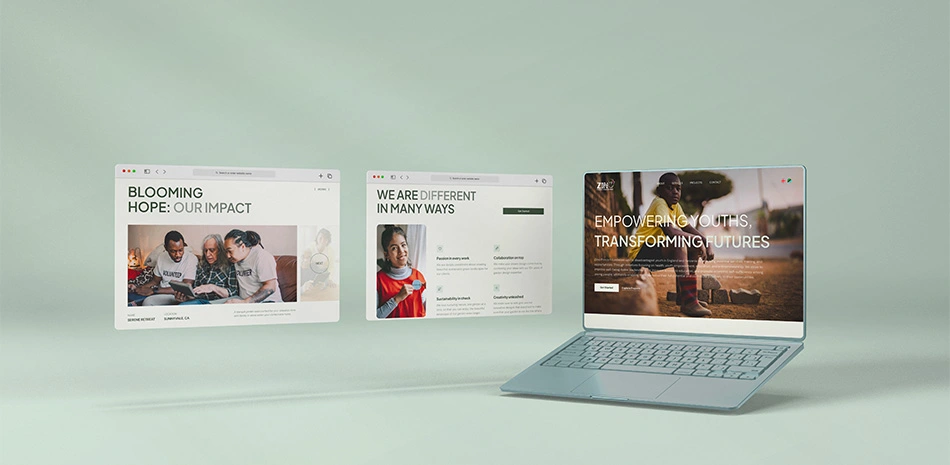 A laptop with two screens floating beside it with Zino Prince Foundation website on display